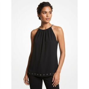 Michael Kors Black Chain-Strap Halter Top with Grommet Hem -‎ Small